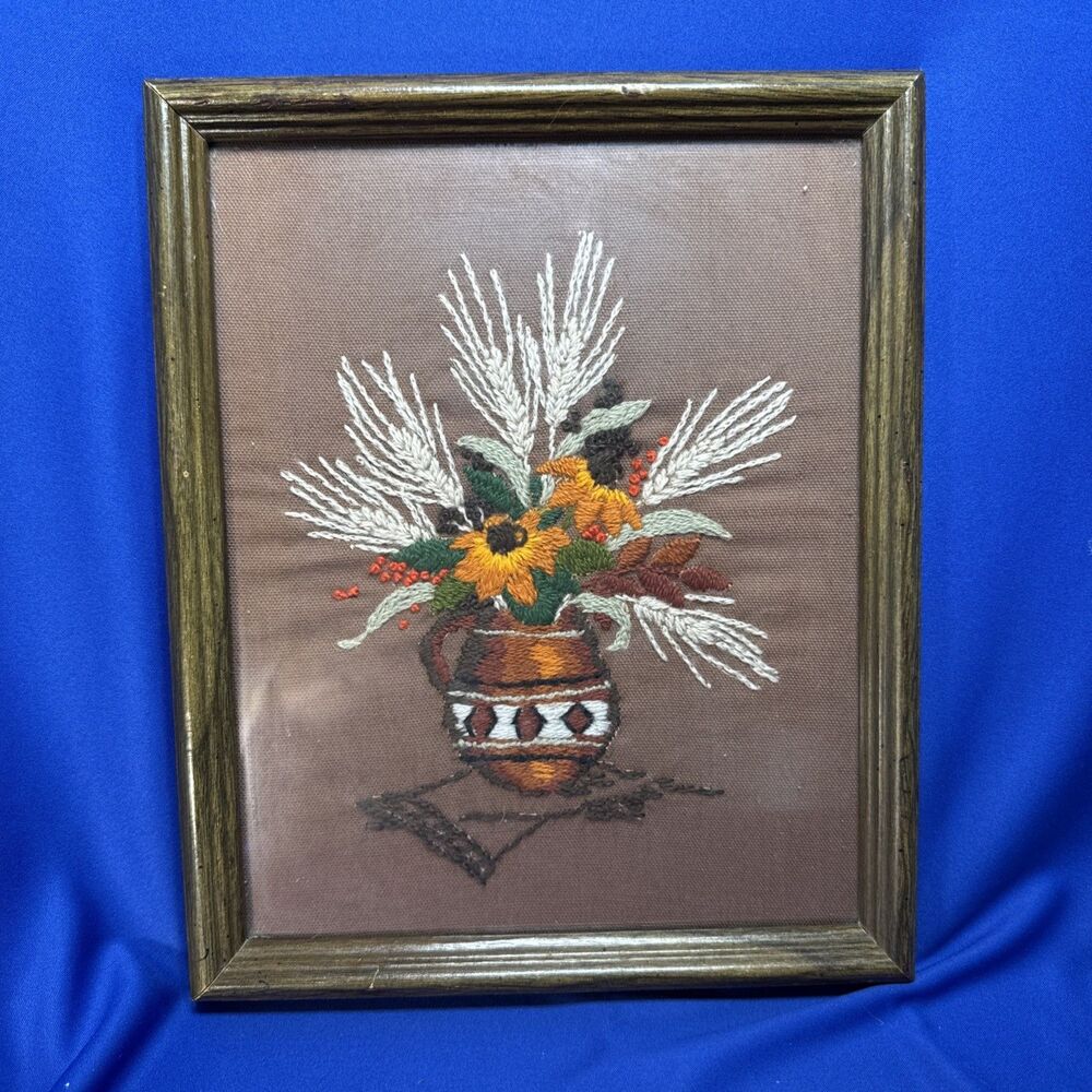 Vintage Crewel Embroidery Southwest Aztec Basket Pottery Flowers Wheat Framed